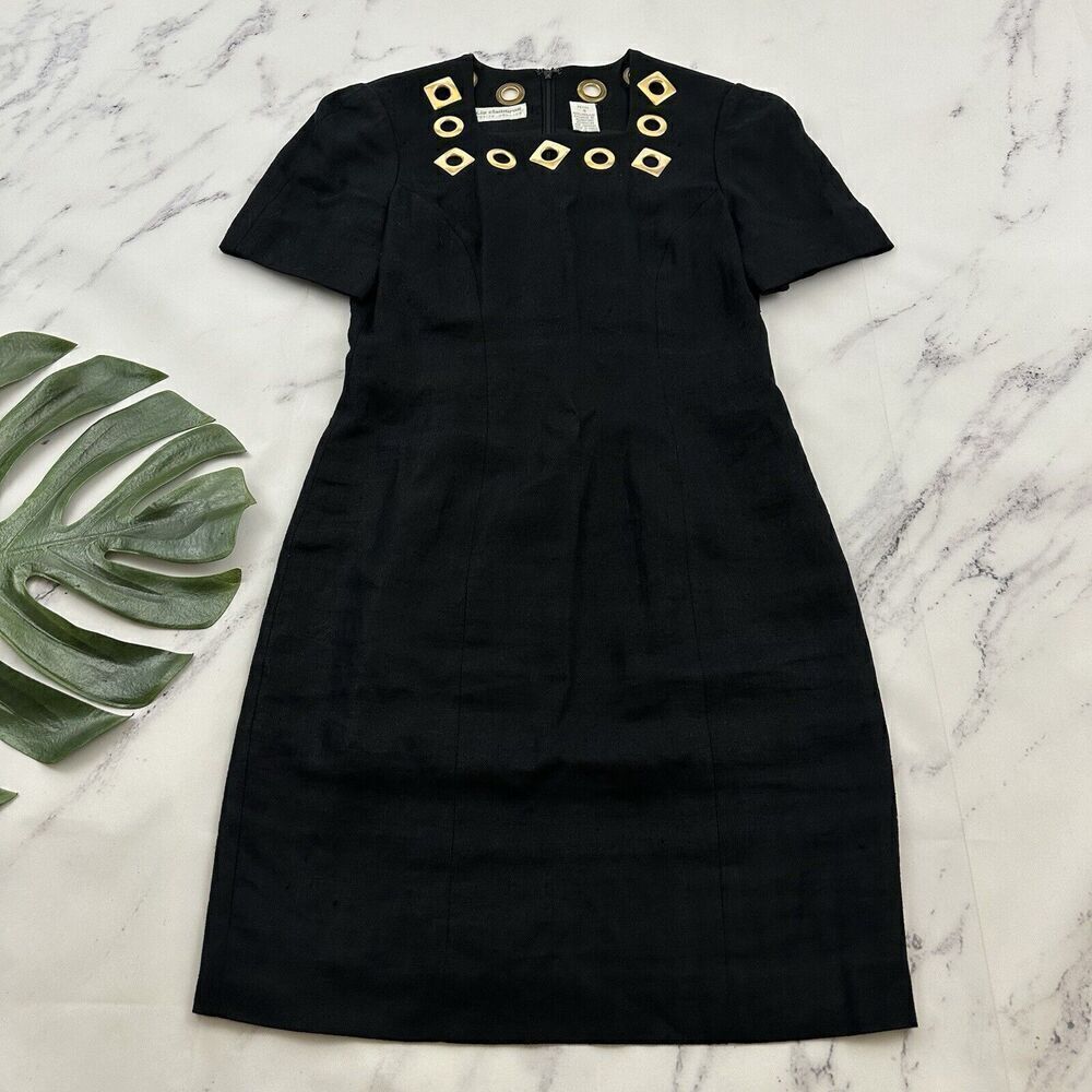 Liz Claiborne Womens Vintage 90s Linen Sheath Dress Size 4 Petite Black Gold